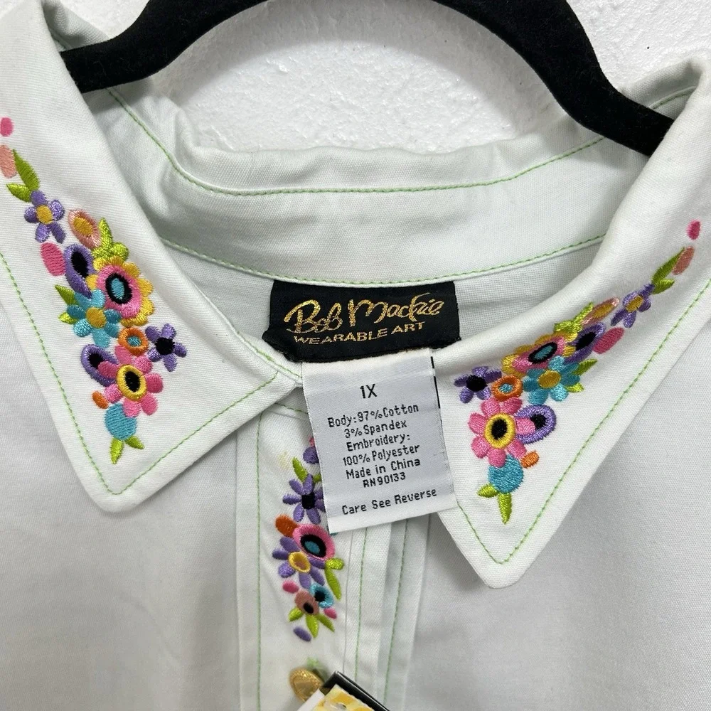Bob Mackie Shimmery‎ Embroidered Kids Maypole Flowers White Shirt / Coat Wm's 1X